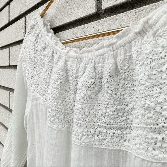 Aerie Off Shoulder Ivory Crochet Boho Peasant Top Smocked Waist 3/4 Sleeve XS - Picture 4 of 11
